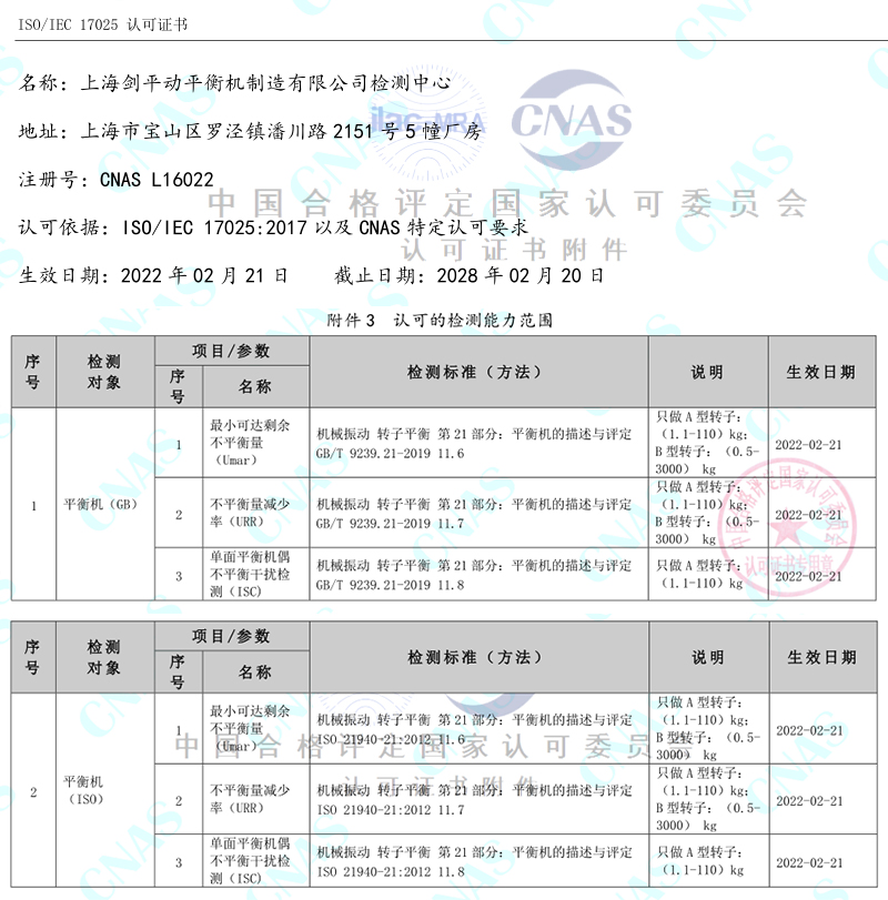 上海剑平动平衡机CNAS实验室认证能力